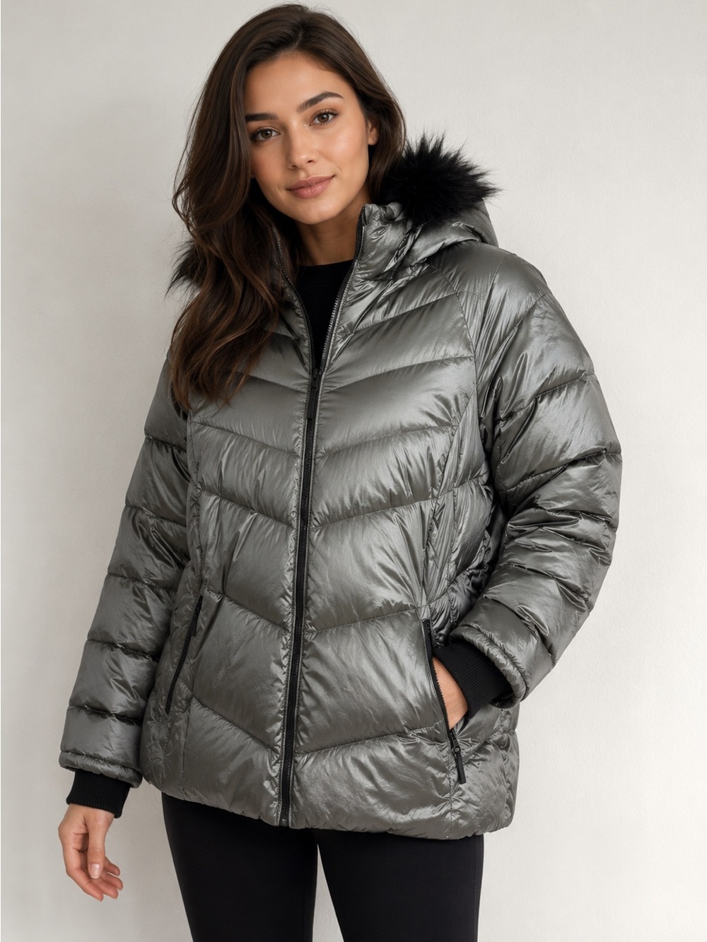 ZeroXposur Gray Puffer Jacket with Faux Fur Hood – Size Large